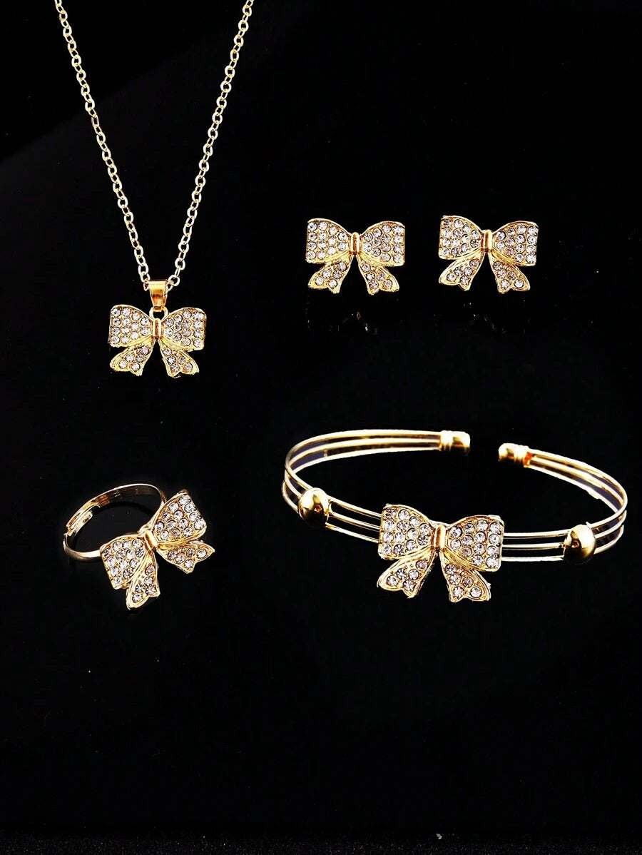 Kids Rhinestone Bow Jewelry Set – Girls 5-Piece Fashion Accessories