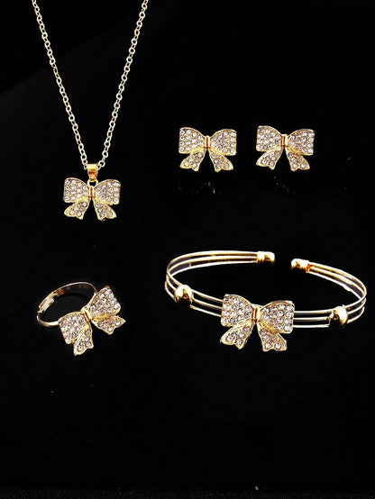 Kids Rhinestone Bow Jewelry Set – Girls 5-Piece Fashion Accessories