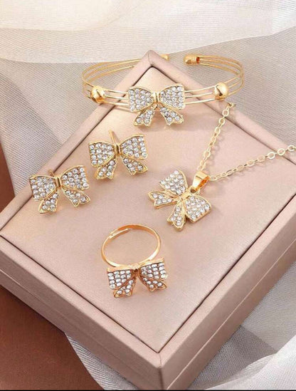 Kids Rhinestone Bow Jewelry Set – Girls 5-Piece Fashion Accessories